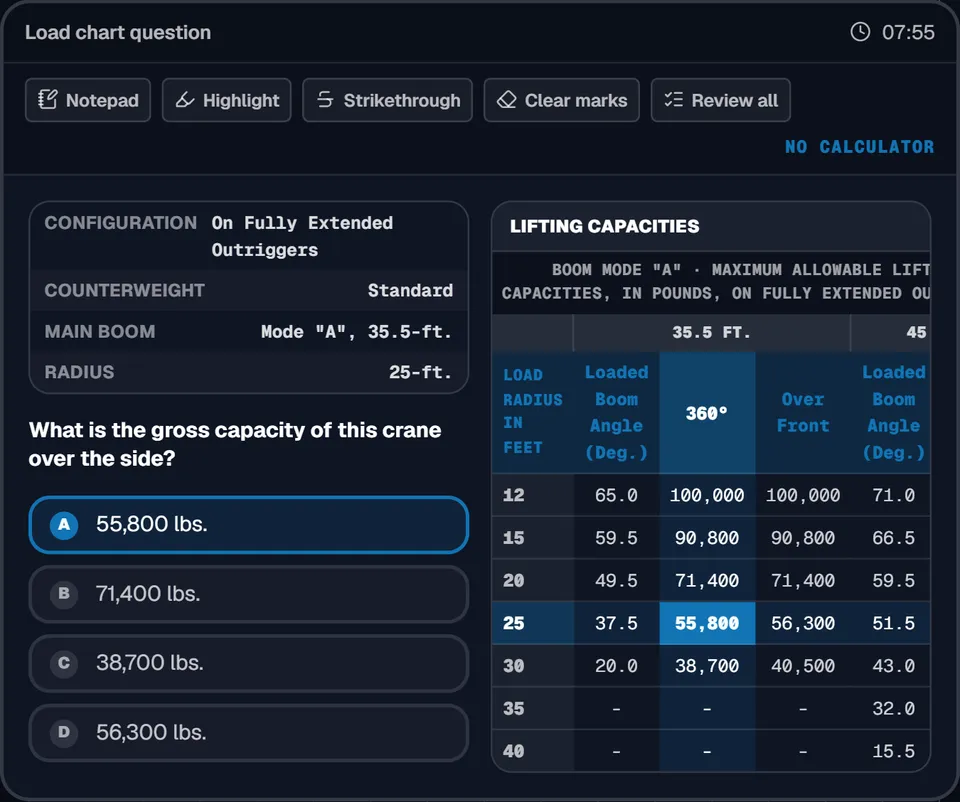 A load chart question with the crane set-up table and the chart on a split screen