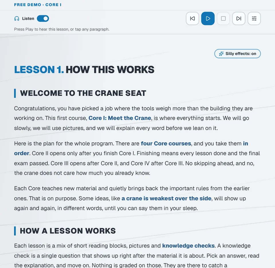 A Core I lesson with a diagram and plain-language text