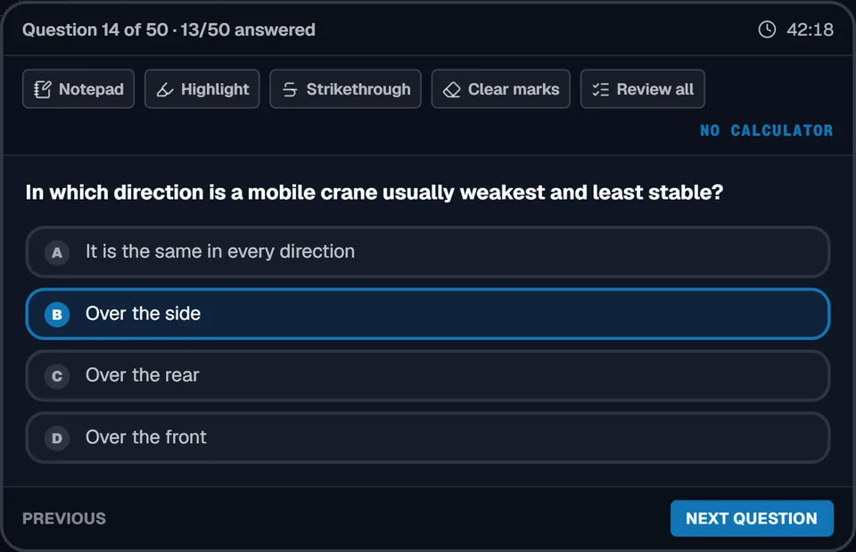 The online exam screen showing a multiple choice question with a timer and notepad