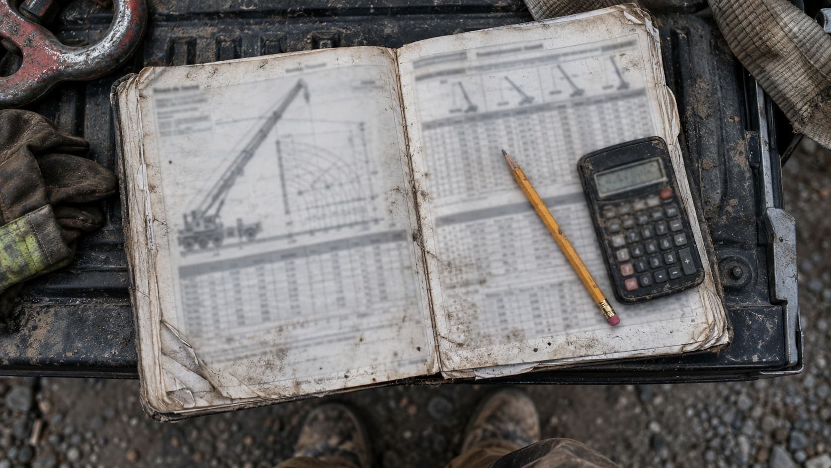 A well-used crane load chart book open on a truck tailgate, with a pencil and a calculator beside it