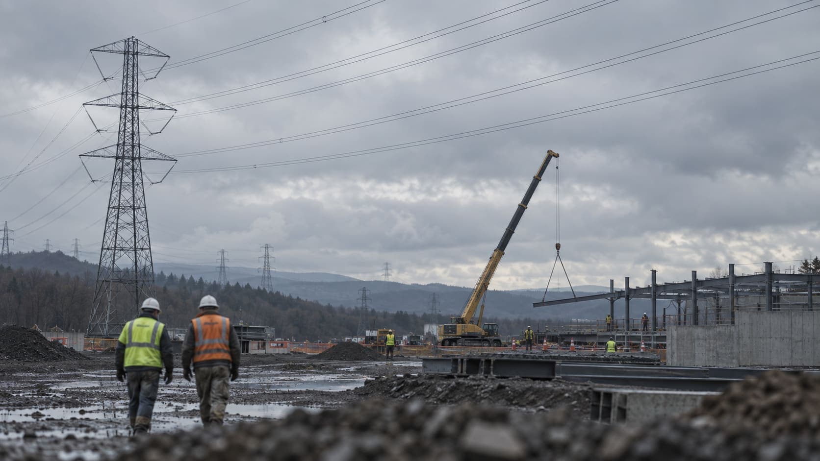 A mobile crane working on a job site with overhead power lines running behind it